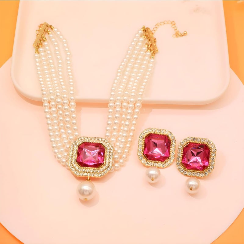 CIOOU Pearl Choker Necklace for Women Gold Crystal Rhinestone Pearl Collar Statement Necklaces Earrings Bridal Pearls Diamond jewelry Set for Wedding - Image 3